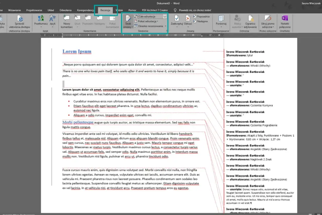 W zakładce "Recenzja" w Wordzie, w grupie "Śledzenie", kliknij "Śledź zmiany", aby wyłączyć tę funkcję.