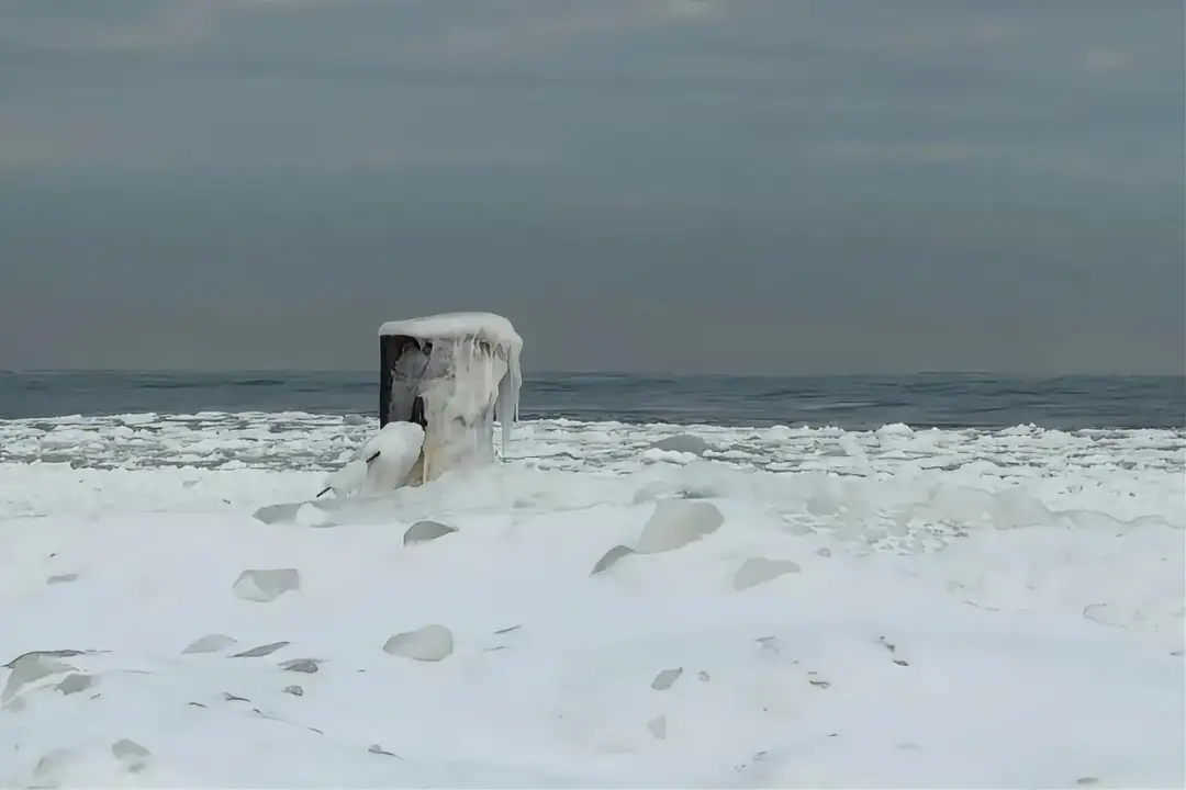 Zamarznięty słup na plaży, pokryty lodem, pokazuje, dlaczego morze zamarza zimą. Woda zamienia się w lód, tworząc zimowy krajobraz.