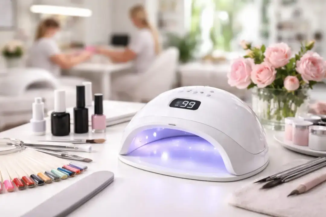 Biała lampa na USB do paznokci, z wyświetlaczem cyfrowym, otoczona lakierami, pędzelkami i próbkami kolorów. W tle salon kosmetyczny.