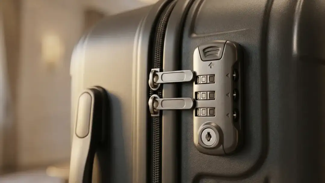 Zbliżenie na szyfrowany zamek TSA na czarnej walizce.