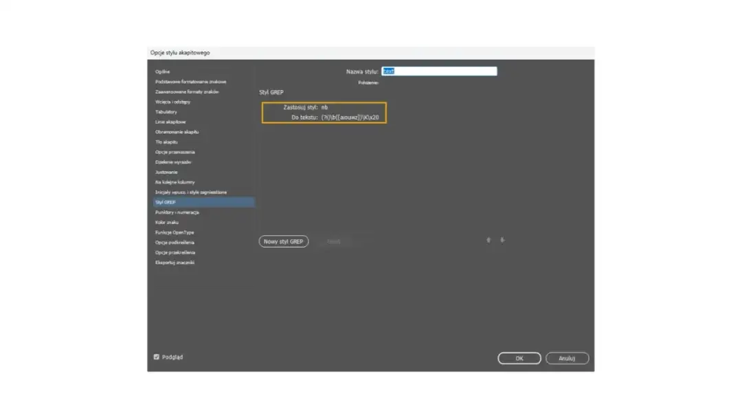 Ustawienia stylu GREP pokazują, jak przerzucić literę do następnego wiersza, stosując styl "nb" do tekstu.