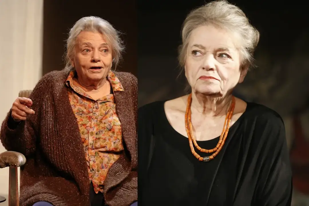 Anna Seniuk obecnie, w brązowym swetrze i kwiecistej koszuli, oraz w czarnej bluzce z koralami.