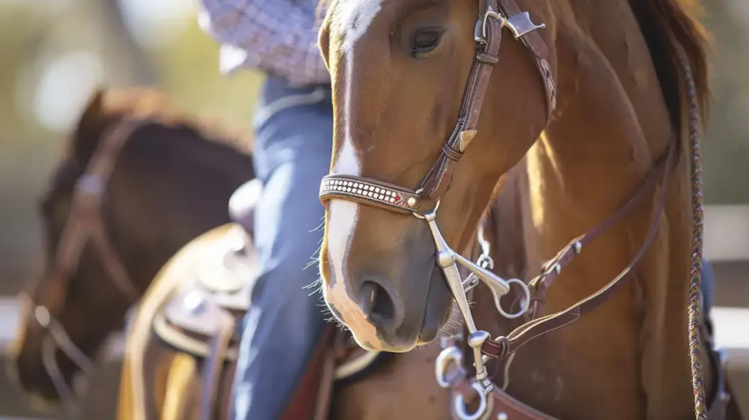 Brązowy koń w ozdobnym kantarze, gotowy do jazdy. To jest kantar, który pomaga w kierowaniu koniem.