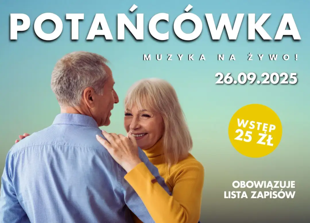Potańcówka dla seniorów w Warszawie 26.09.2025. Uśmiechnięta para seniorów tańczy przy muzyce na żywo. Wstęp 25 zł.