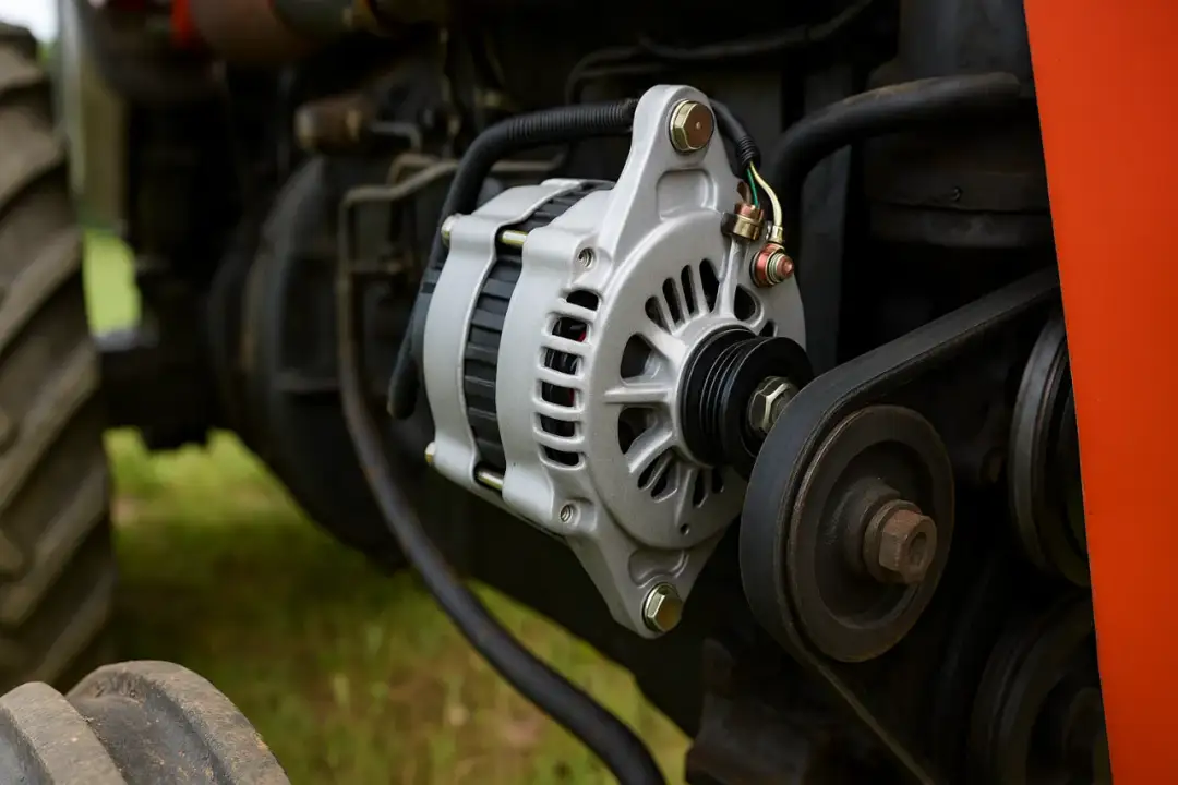 Nowy alternator na traktorze, gotowy do podłączenia regulatora napięcia. Widać pasek napędowy i koła pasowe.