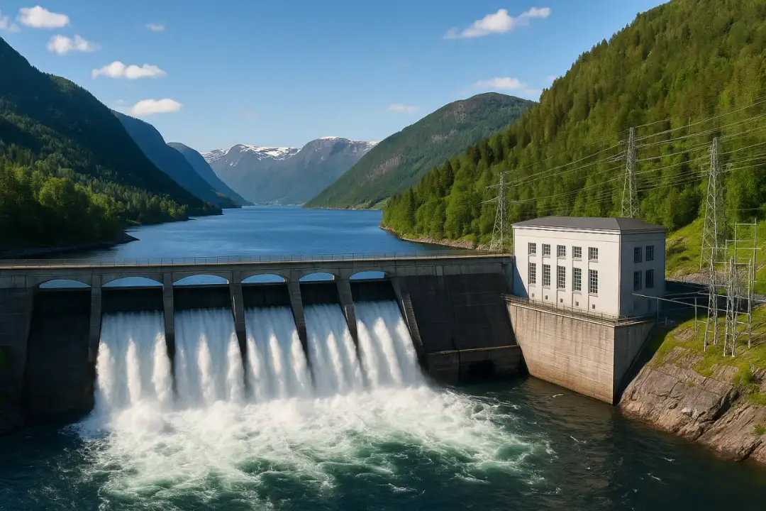 Zapora wodna w Norwegii z wodą wypływającą z wielu otworów, otoczona górami i lasami.