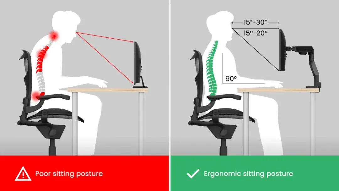 Ilustracja porównująca złą postawę przy monitorze (czerwone bóle kręgosłupa) z ergonomiczną (zielony kręgosłup).