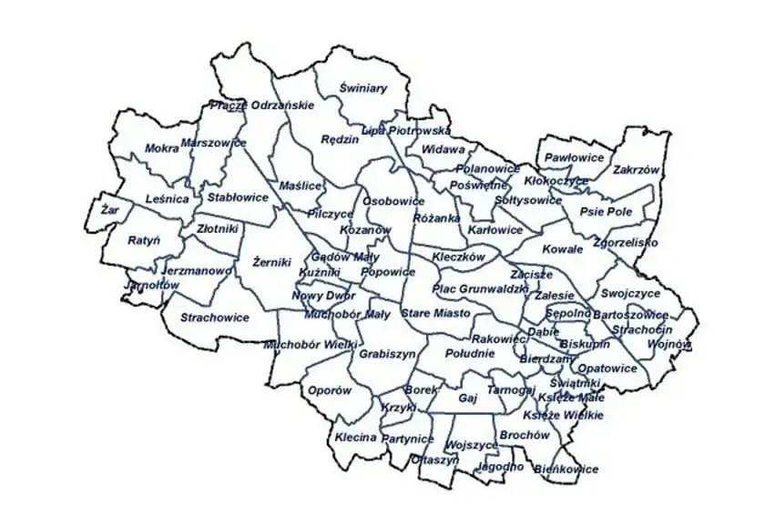 Mapa dzielnic Wrocławia z ulicami - Dzielnice Wrocławia / Wrocław mapa dzielnic