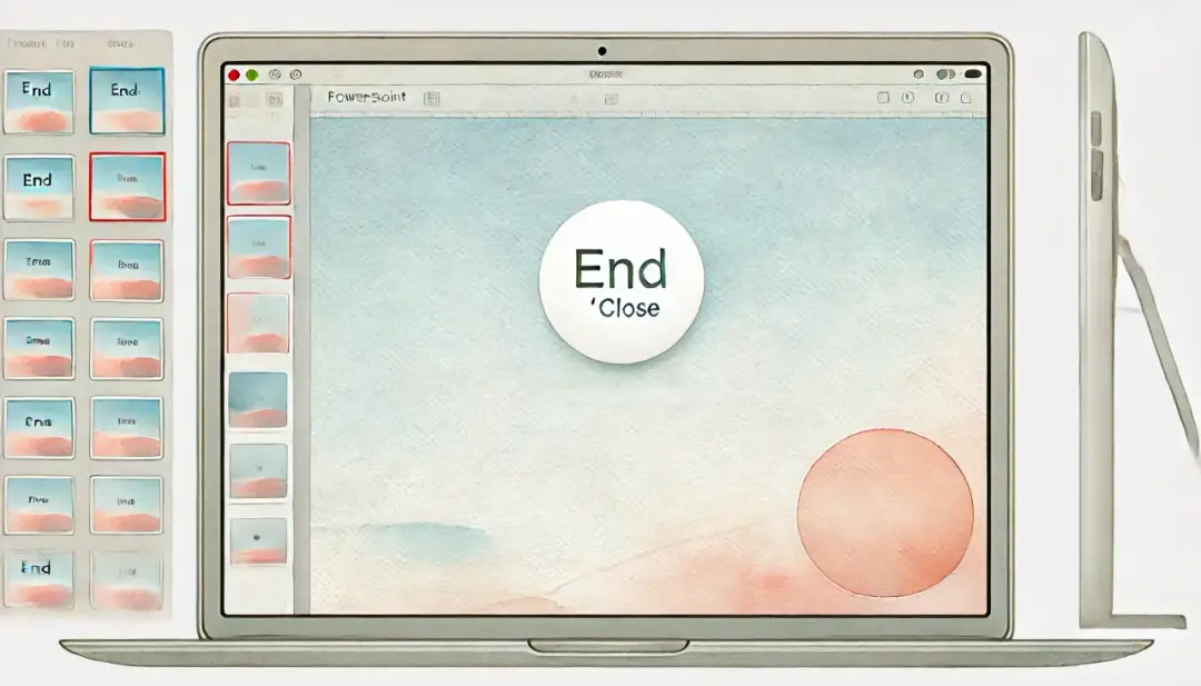 Prezentacja z napisem "End 'Close'" na ekranie laptopa. Po lewej stronie widok miniatur slajdów, wszystkie z podobnym motywem. Idealne, by zakończyć prezentację.