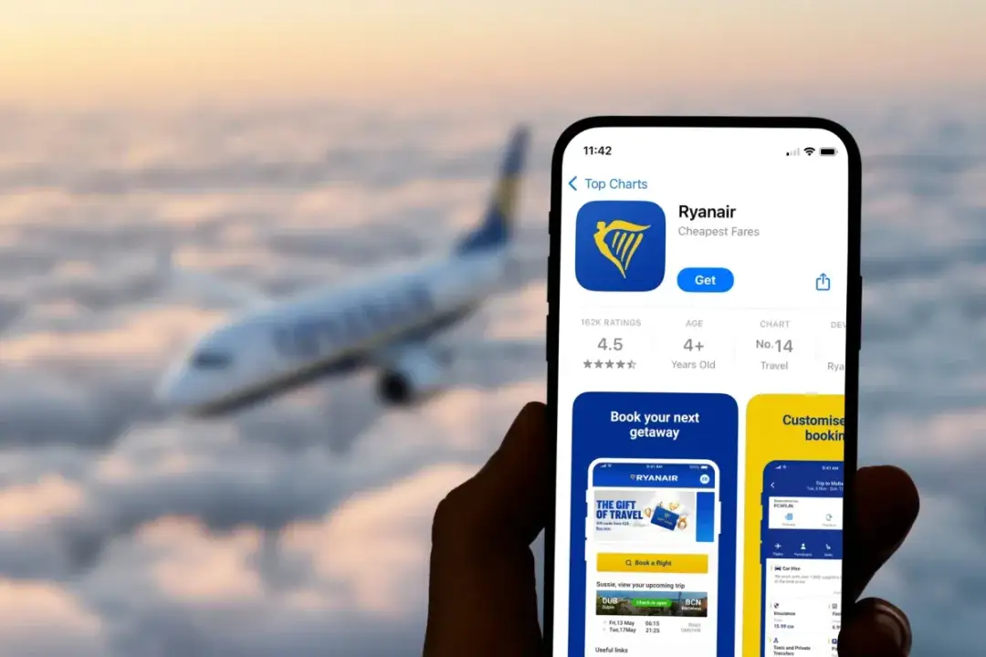 Dłoń trzyma smartfon z aplikacją Ryanair na tle samolotu lecącego nad chmurami.