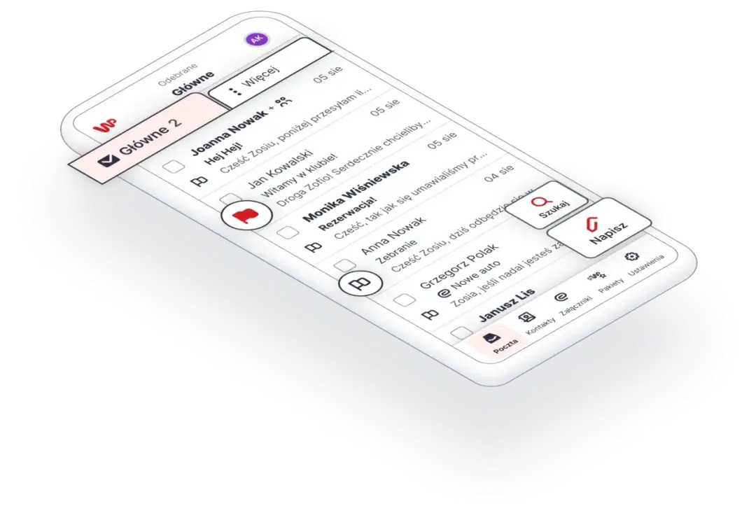 Na ekranie telefonu widać skrzynkę odbiorczą wp pl poczta mini. Lista wiadomości od Joanny Nowak, Jana Kowalskiego i Moniki Wiśniewskiej.