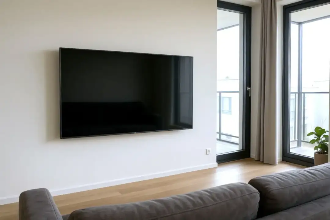 Nowoczesny salon z dużym telewizorem na ścianie. Idealna wysokość, by wygodnie oglądać filmy z kanapy. Jak wysoko wieszać tv? Tu jest przykład.