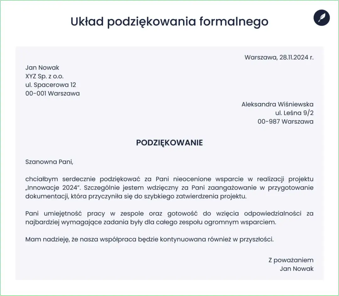 Przygotuj tekst podziękowania dla osoby zaproszonej w prosty sposób