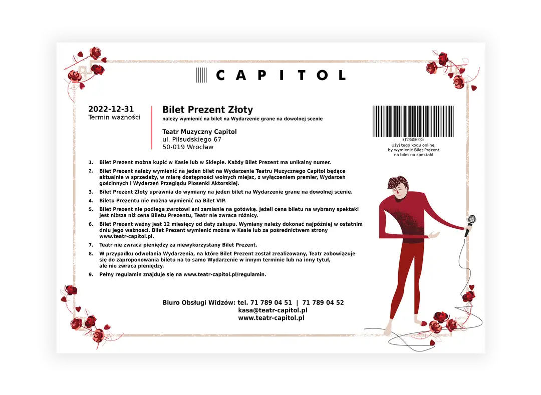 Złoty Bilet Prezent Teatru Muzycznego Capitol. Ważny do 31-12-2022. Wymień na bilet na dowolne wydarzenie.