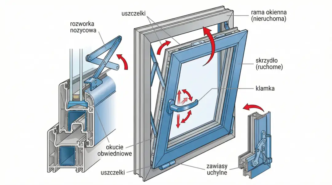 Ilustracja okna z ukrytymi zawiasami, mechanizmem nożycowym i przekrojem profilu.