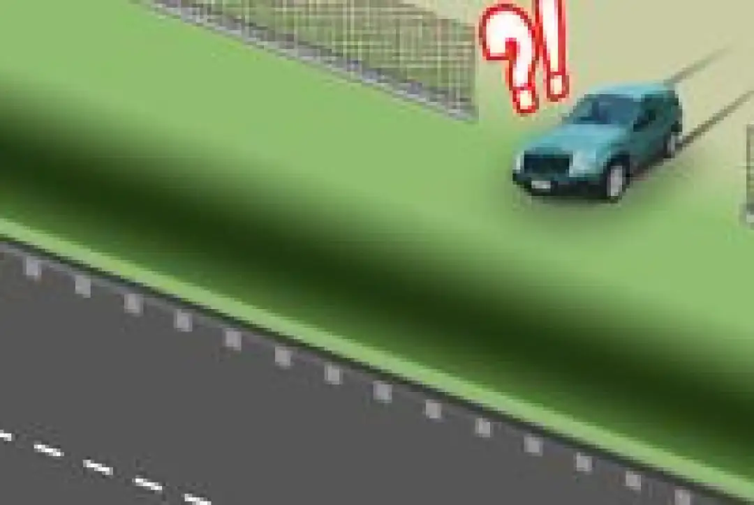 Zielony SUV zatrzymał się przy płocie, a znak zapytania sugeruje problem z dostępem do drogi publicznej.