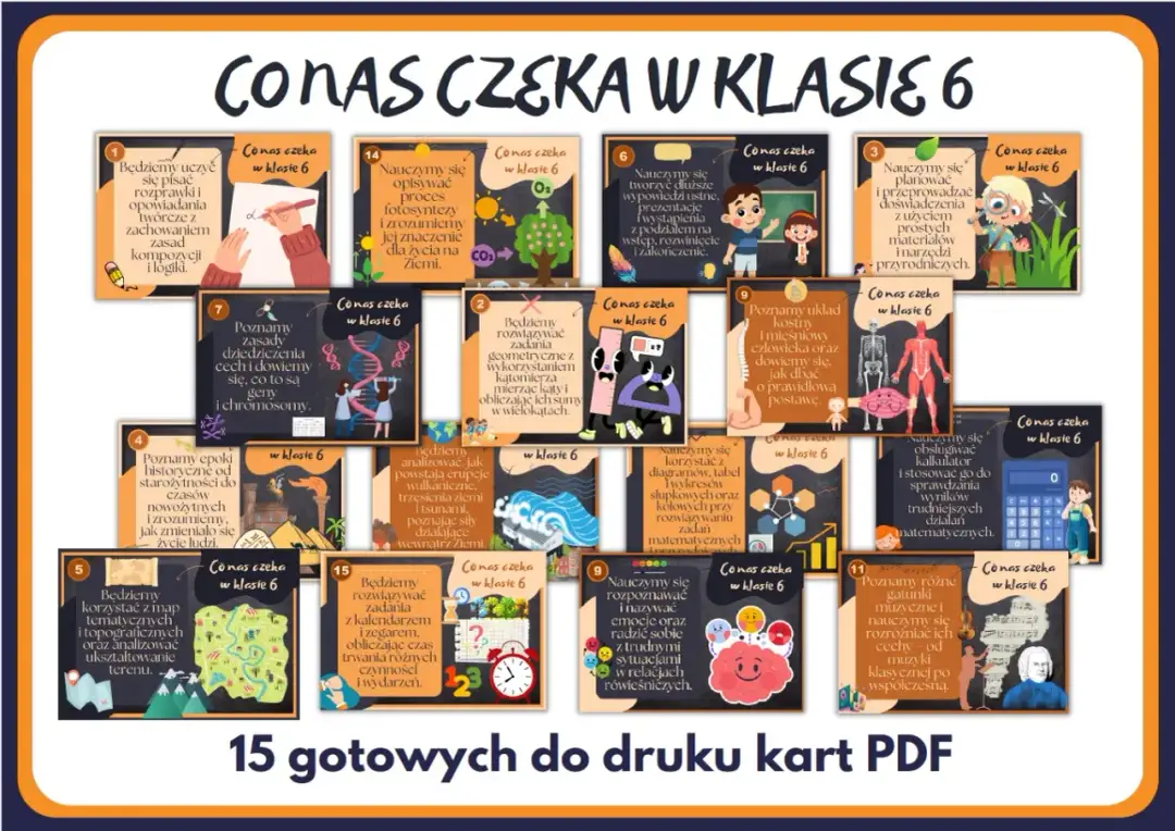 Karty pracy do druku pokazują, jakie przedmioty są w szóstej klasie: pisanie, przyrodę, matematykę, historię, anatomię, muzykę i inne.