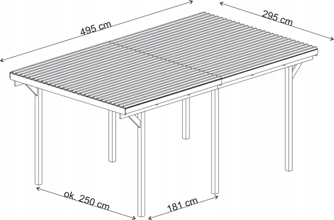 Wymiary wiaty na dwa samochody: 495 cm długości, 295 cm szerokości, ok. 250 cm wysokości.