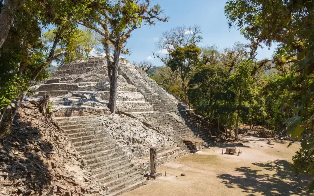 Kamienne schody piramidy Majów, otoczone bujną zielenią, przypominają o tajemnicy, dlaczego cywilizacja Majów upadła.