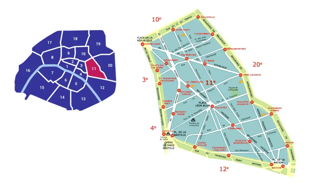 Mapa Paryża z zaznaczoną 11 dzielnicą. Widoczne są nazwy ulic i stacji metra.