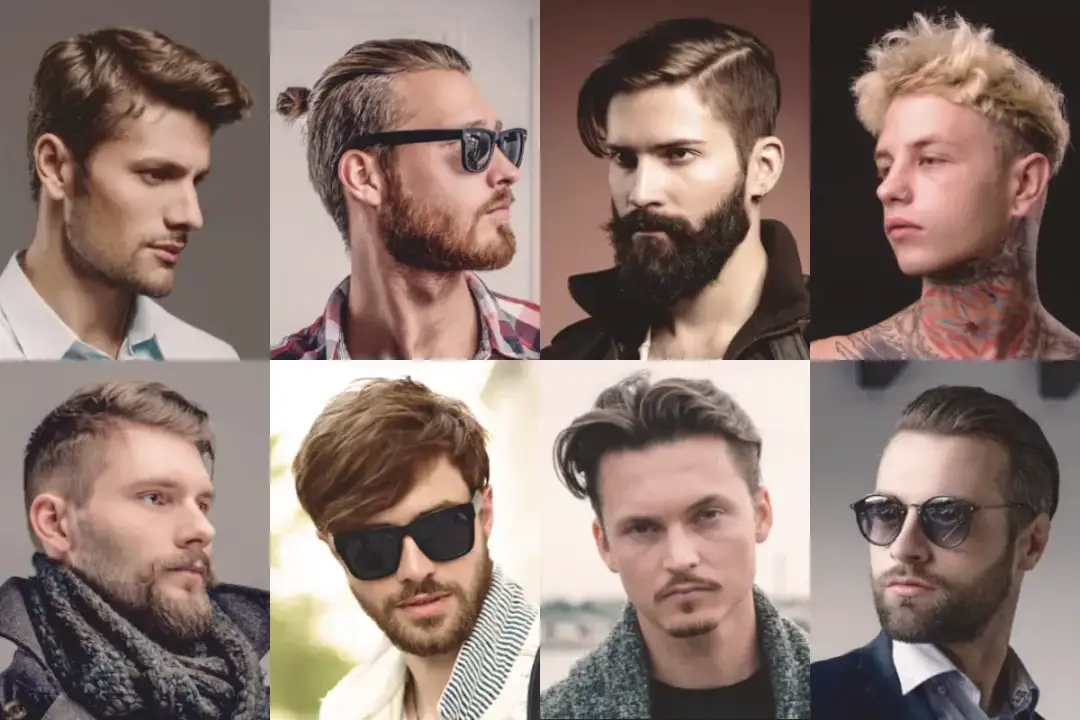 Kolaż ośmiu zdjęć mężczyzn z różnymi fryzurami i zarostem.