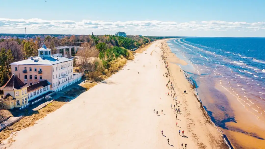 Szeroka, piaszczysta plaża nad Bałtykiem, z ludźmi spacerującymi i budynkami w tle. Potwierdza to, że Łotwa ma dostęp do morza.