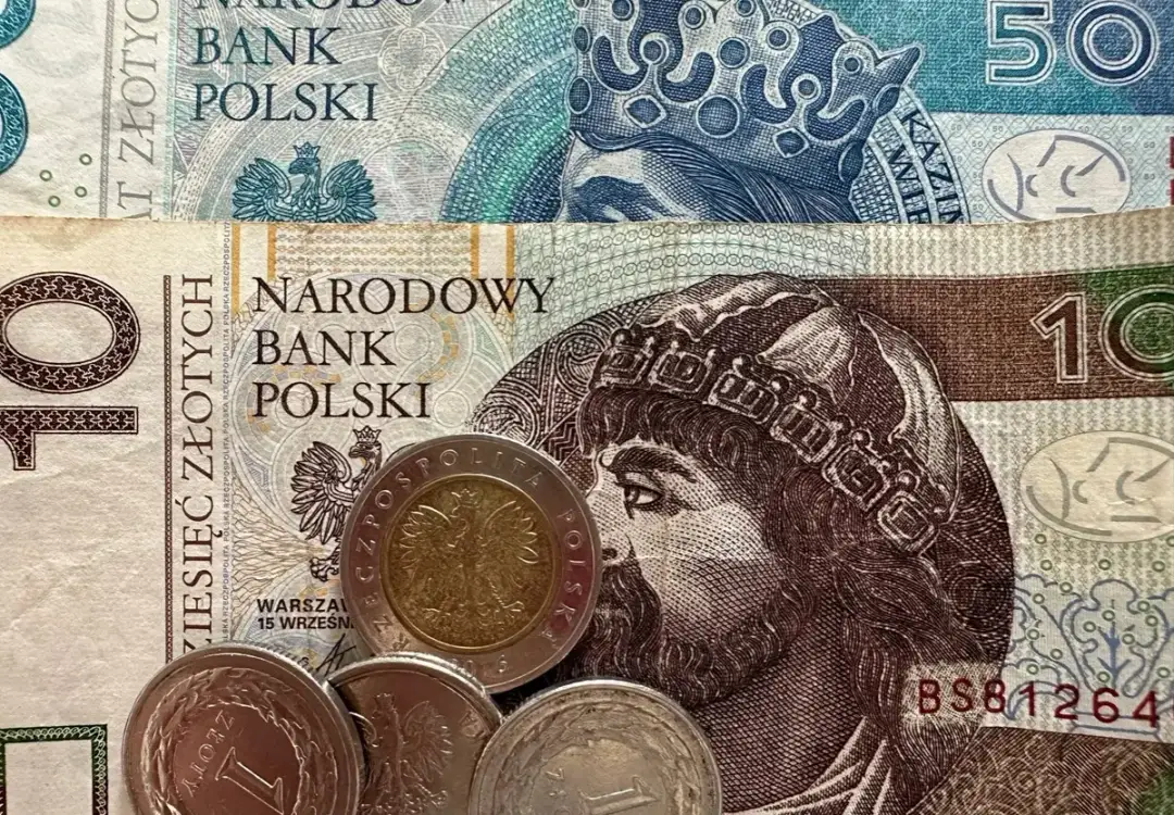 Polskie banknoty i monety: 100 zł, 50 zł, 10 zł i monety 1 zł.