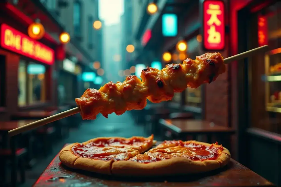 Kebab na patyku nad pizzą na tle nocnej ulicy z neonami.