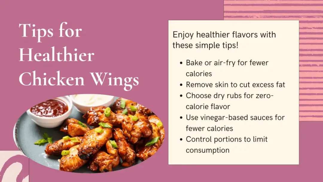 Zdjęcie przedstawia talerz z kurczakiem skrzydełkami, sosami i tekstem "Tips for Healthier Chicken Wings".