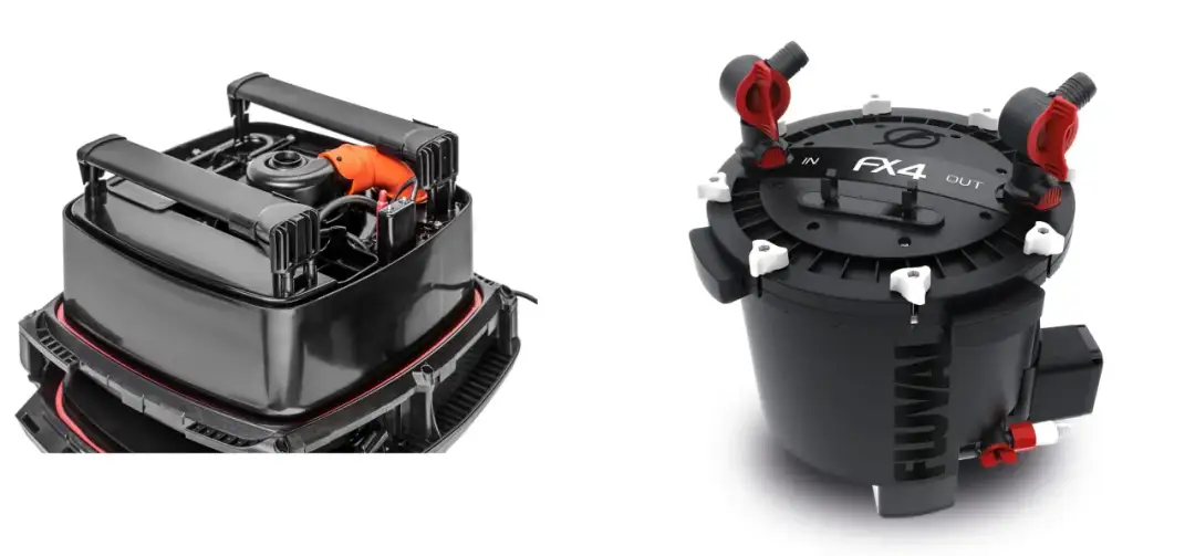 Pokazano części filtra kubełkowego Fluval FX4. Dowiedz się, jak prawidłowo ustawić filtr w akwarium, by zapewnić czystą wodę.