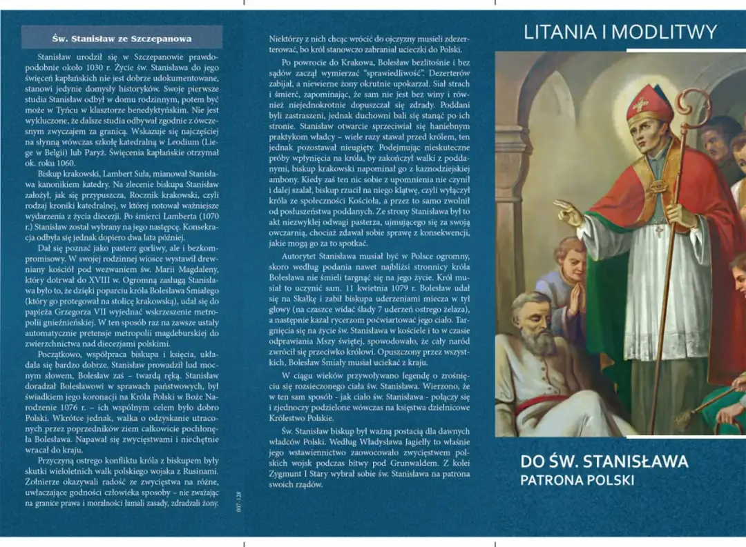 Św. Stanisław ze Szczepanowa, męczennik, w stroju biskupim, wskazuje palcem. Obok niego postacie, nawiązujące do litanii do świętego Stanisława.