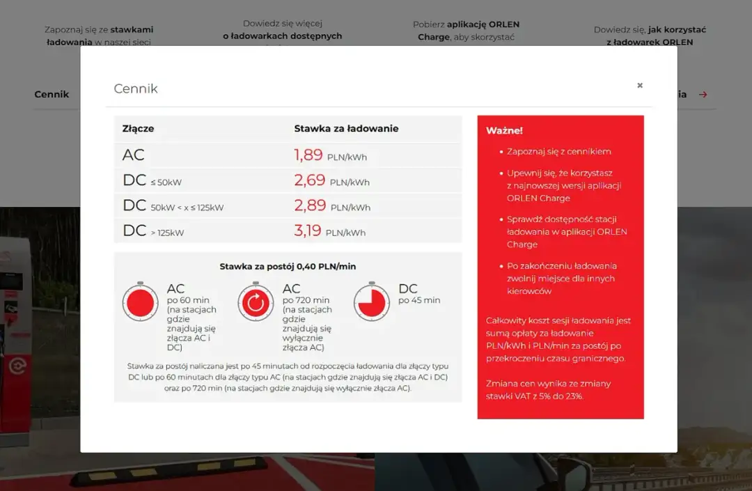 Cennik ładowania na Orlenie: AC 1,89 PLN/kWh, DC od 2,69 PLN/kWh. Stawka za postój 0,40 PLN/min.