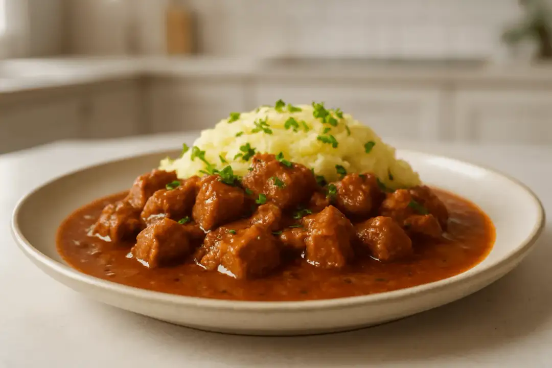 Gulasz wieprzowy z puree ziemniaczanym, posypany natką. Idealne przyprawy do gulaszu wieprzowego podkreślą smak tego dania.