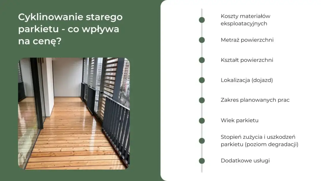 Cyklinowanie starego parkietu: poznaj czynniki wpływające na to, ile kosztuje cyklinowanie parkietu, od metrażu po stan podłogi.