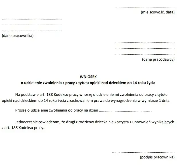 Wniosek o urlop na dziecko - 2 dni opieki nad dzieckiem oświadczenie, wniosek o urlop opiekuńczy