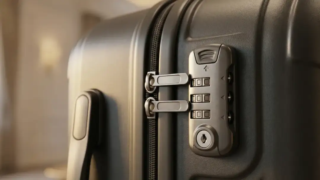 Zbliżenie na zamek szyfrowy walizki z widocznymi cyframi i kółkami do ustawiania kodu.