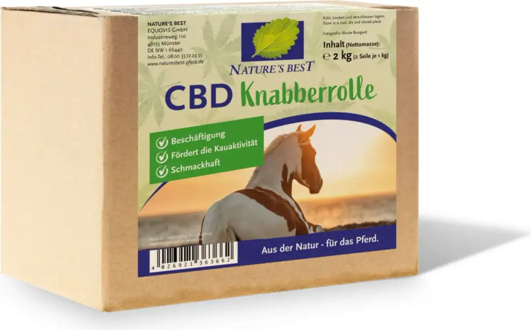 Opakowanie Nature's Best z produktem CBD dla koni. Na opakowaniu widnieje koń i hasło "Aus der Natur - für das Pferd".