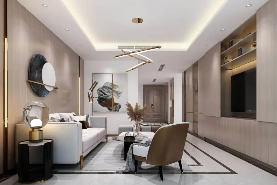 Nowoczesny salon z podwieszanym sufitem, który stanowi klucz do tego, jak wykończyć sufit. Oświetlenie LED i designerska lampa dodają elegancji.