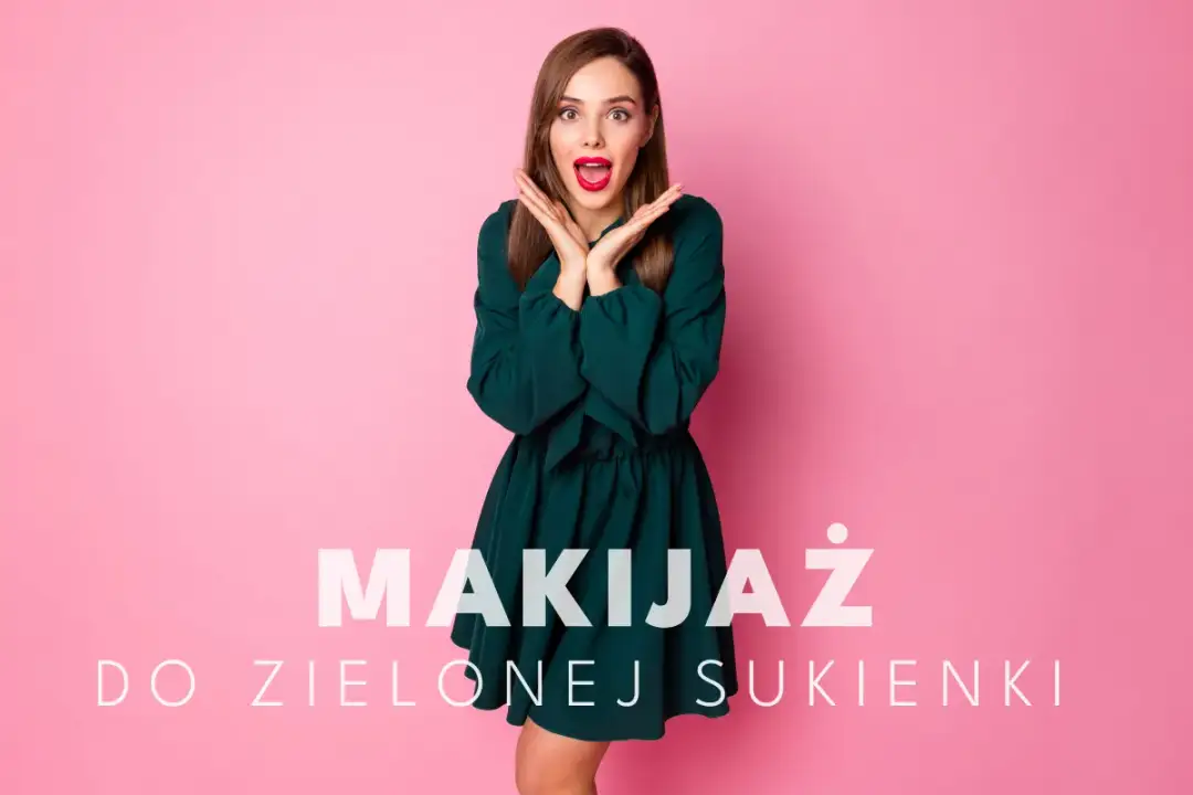 Zachwycona kobieta w zielonej sukience, z ustami pomalowanymi na czerwono, prezentuje inspiracje na makijaż do zielonej sukienki.