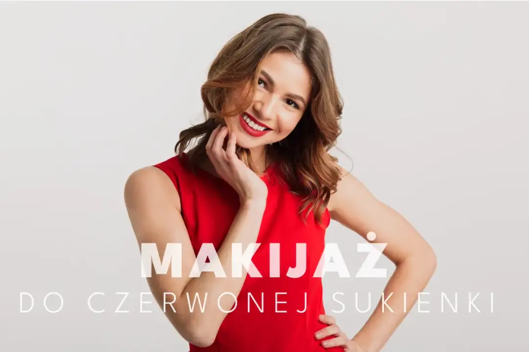 Uśmiechnięta kobieta w czerwonej sukience, idealny makijaż do czerwonej sukienki.
