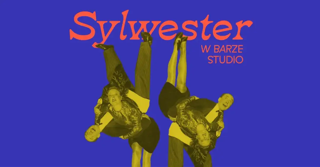 Sylwester w Teatrze Warszawa: pary tańczące w powietrzu, wesołe miny, neonowy napis.