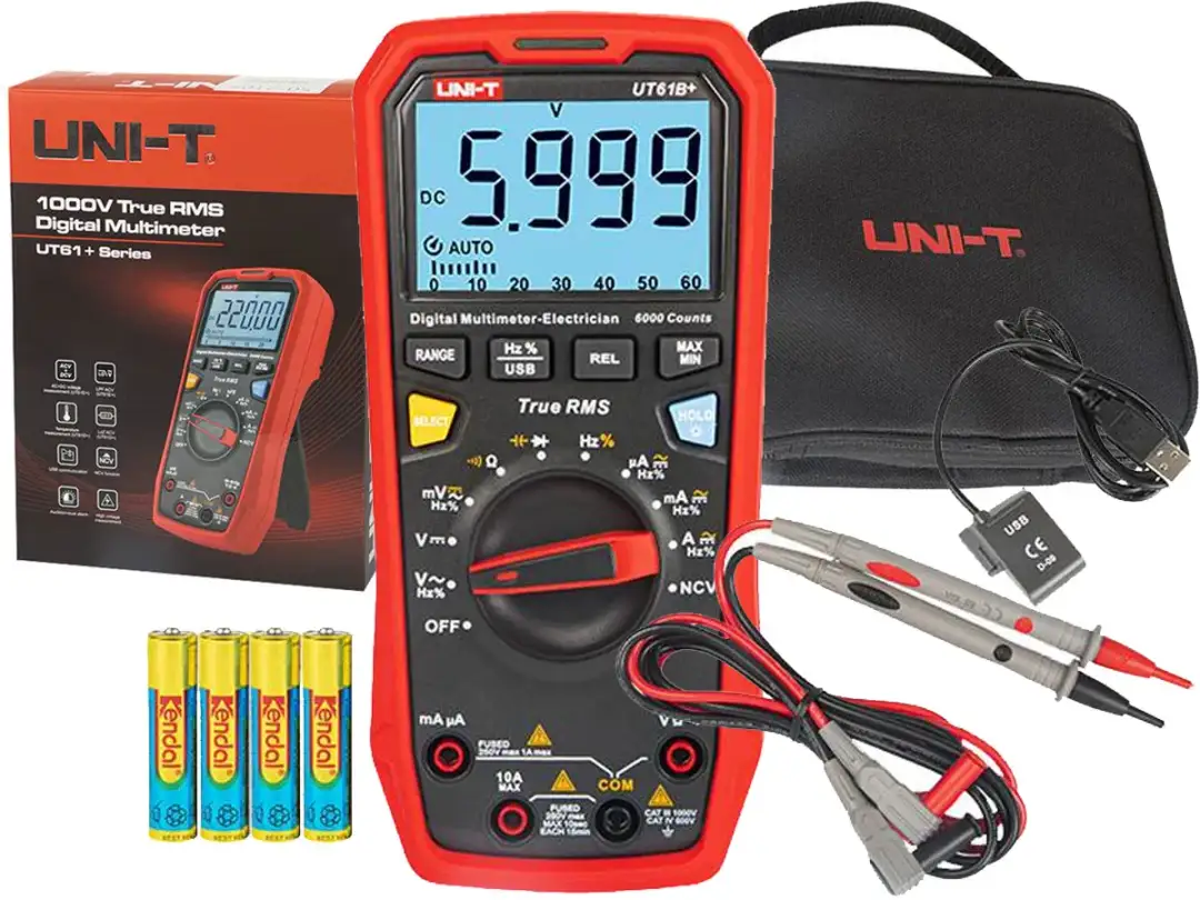 Czerwony multimetr cyfrowy UNI-T UT61B+ z akcesoriami: etui, baterie, przewody pomiarowe, kabel USB.