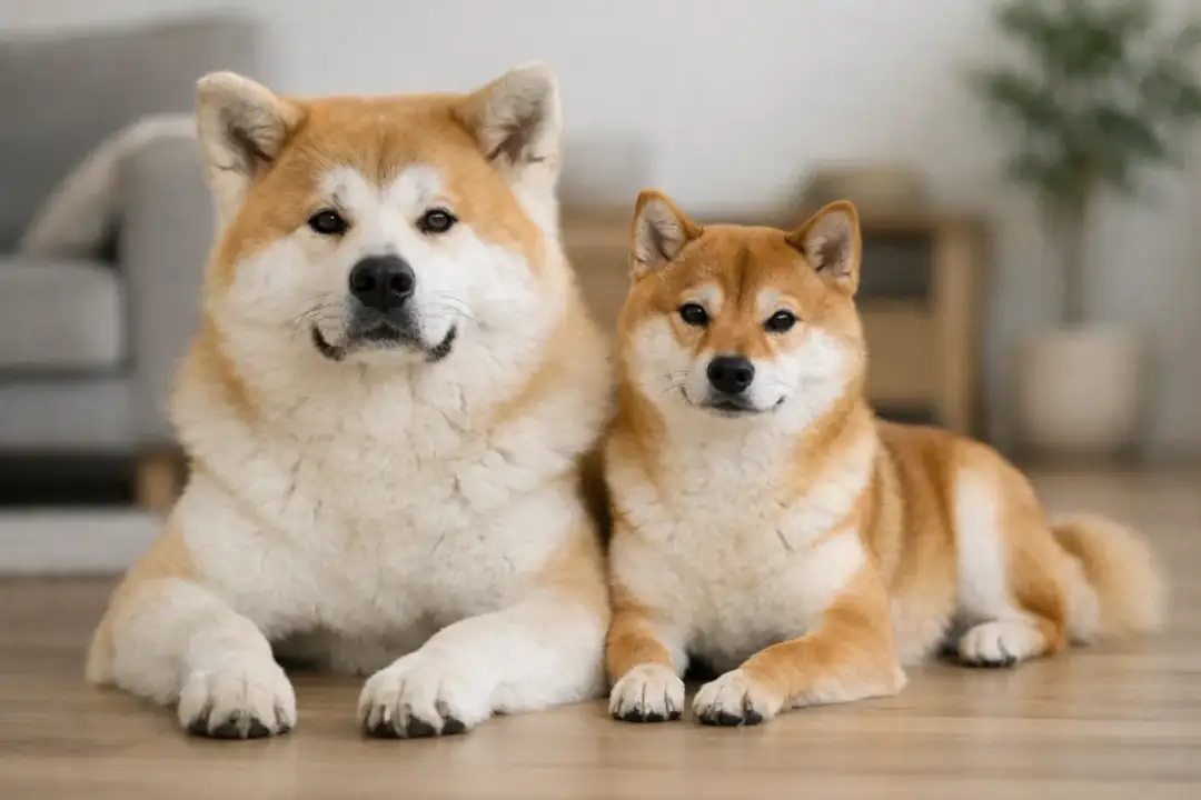 Duży Akita i mały Shiba Inu leżą obok siebie. Czy shiba i akita to to samo? Nie, to dwa różne psy.