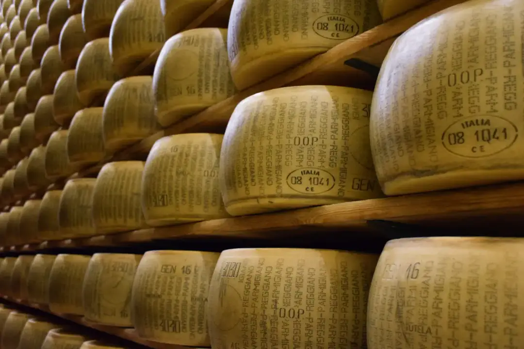 Wielkie kręgi sera, każdy z napisem "Parmigiano Reggiano", czekają na dojrzewanie. To właśnie co to parmezan – włoski przysmak.