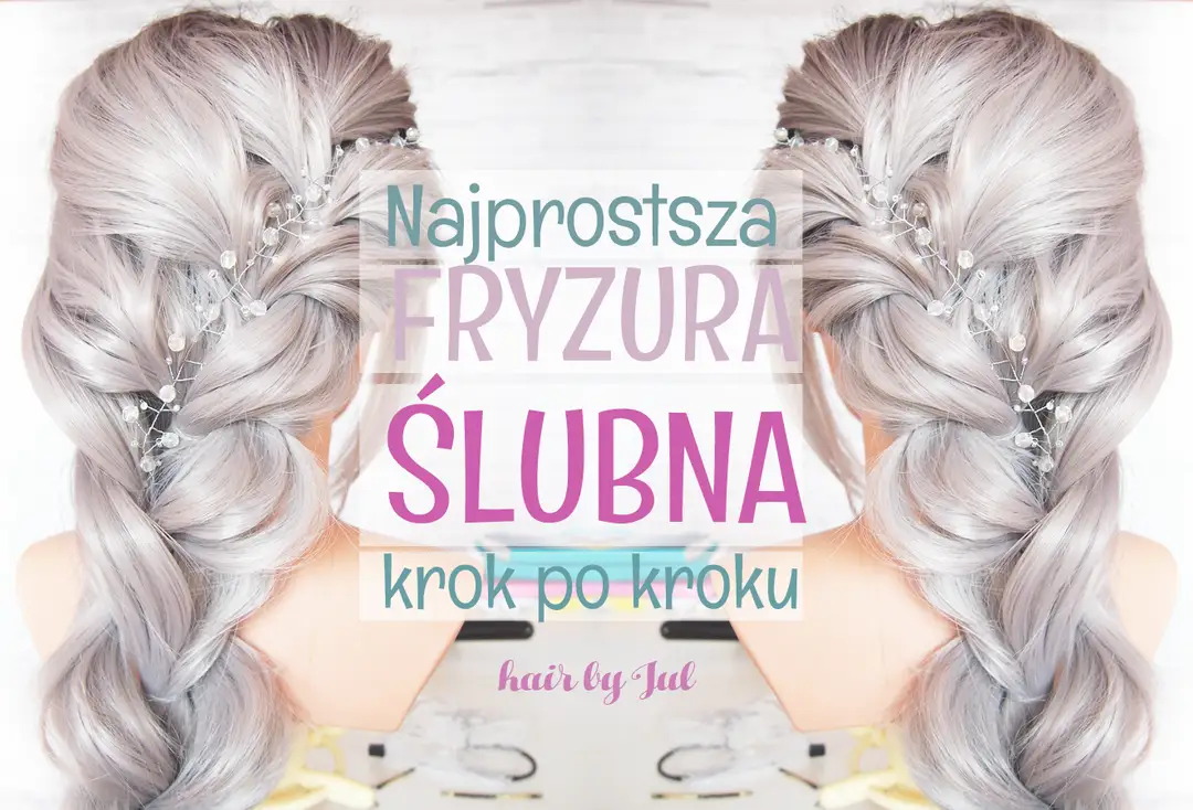 Najprostsza fryzura ślubna krok po kroku. Długie, srebrne włosy splecione w warkocz, ozdobione delikatną biżuterią.