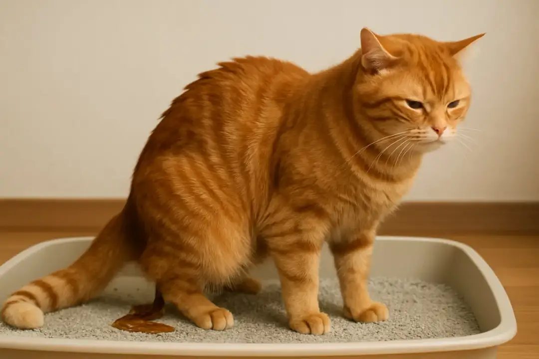 Pomarańczowy kotek w kuwecie, zaniepokojony. Właściciel zastanawia się, ile smecty dla kota będzie odpowiednie przy problemach z brzuszkiem.