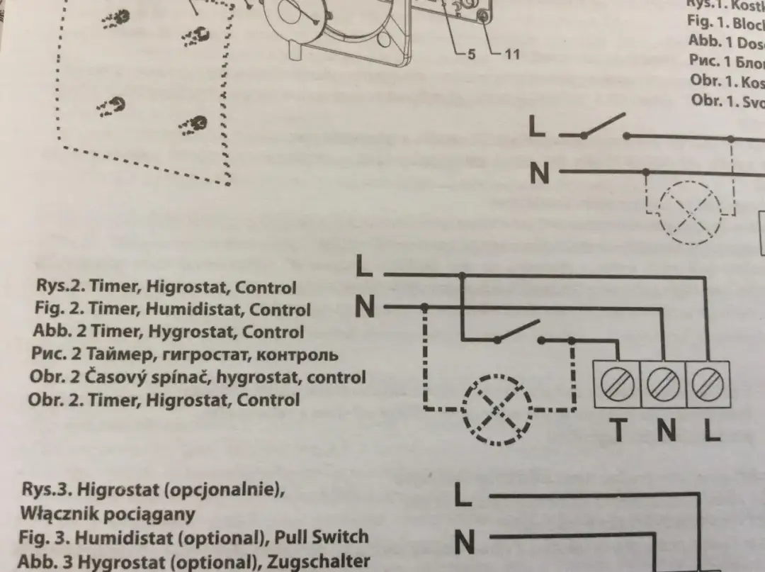 Schemat pokazuje, jak podłączyć wentylator łazienkowy do oświetlenia, wykorzystując timer i higrostat.