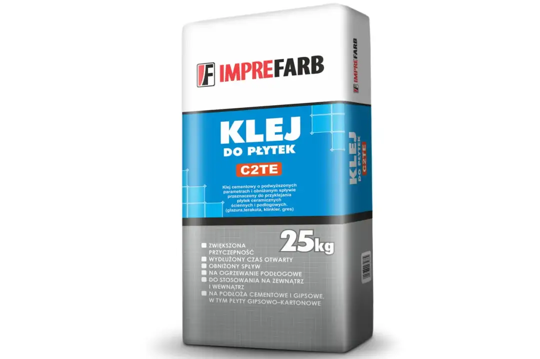 Imprefarb Klej do płytek C2TE, 25kg. Idealny klej do gresu, terakoty, klinkieru, na ogrzewanie podłogowe, z zewnątrz i wewnątrz.
