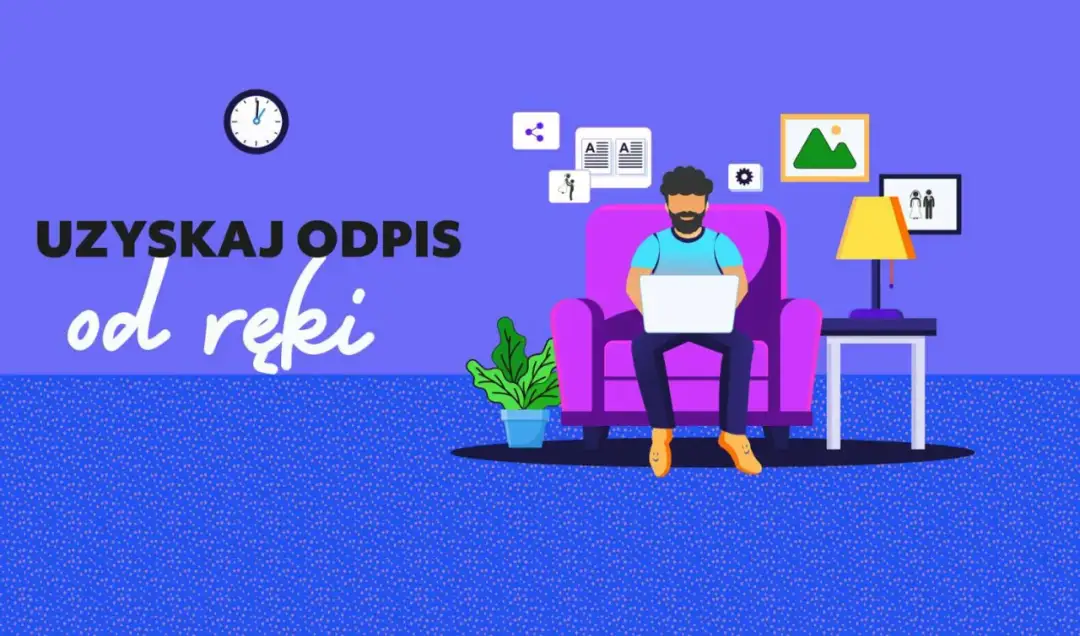 Chcesz wiedzieć, gdzie uzyskać akt urodzenia? Ilustracja pokazuje mężczyznę pracującego na laptopie w domu, symbolizując łatwy dostęp do dokumentów.