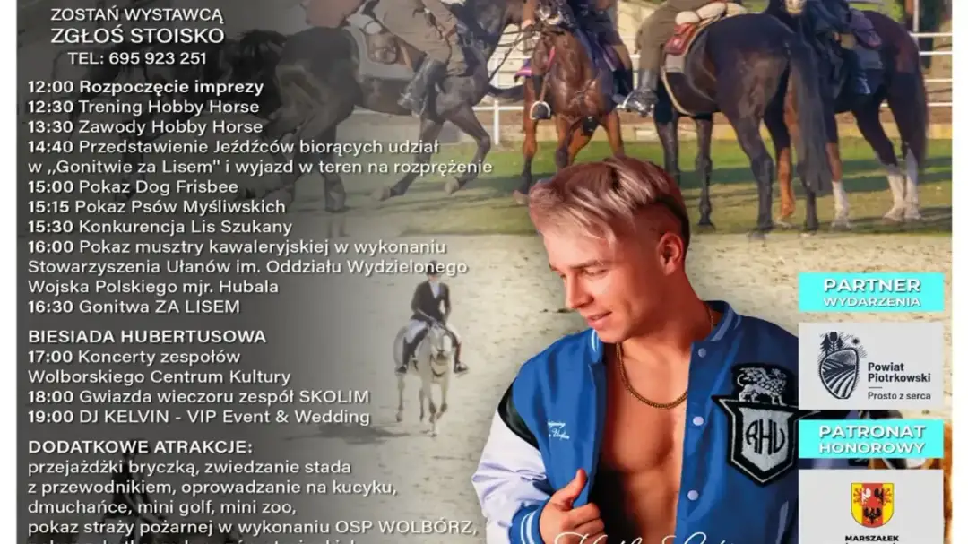 Plakat zapraszający na wydarzenie "Gonitwa za Lisem" i Biesiadę Hubertusową. W programie zawody Hobby Horse, pokazy psów, musztra kawaleryjska. Co to Hubertus? To święto myśliwych i jeźdźców.